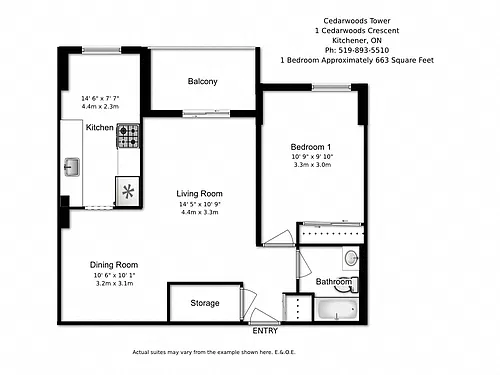 Floor plan Cedarwoods Tower 1 Bed 1 Bath A