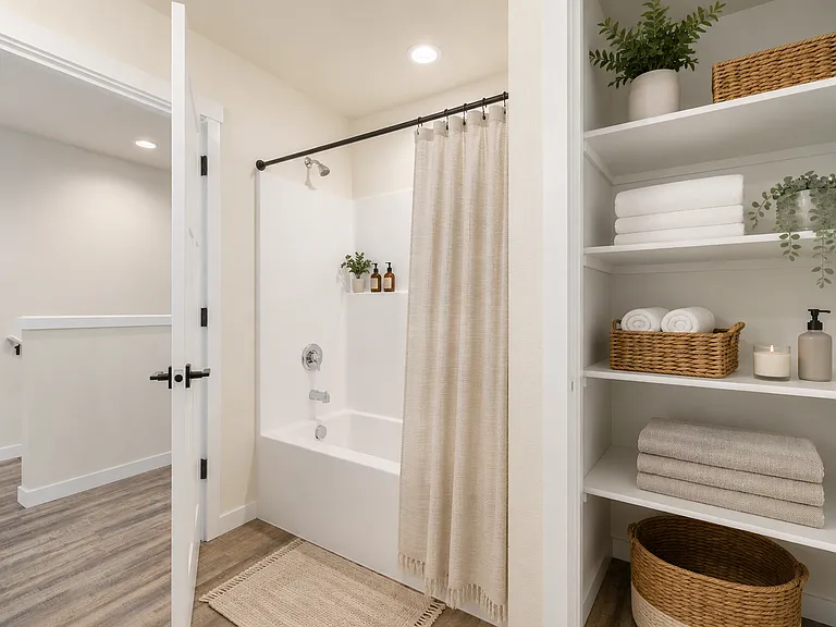Upstairs Full Bathroom with view of Shower/Tub and Linen Closet