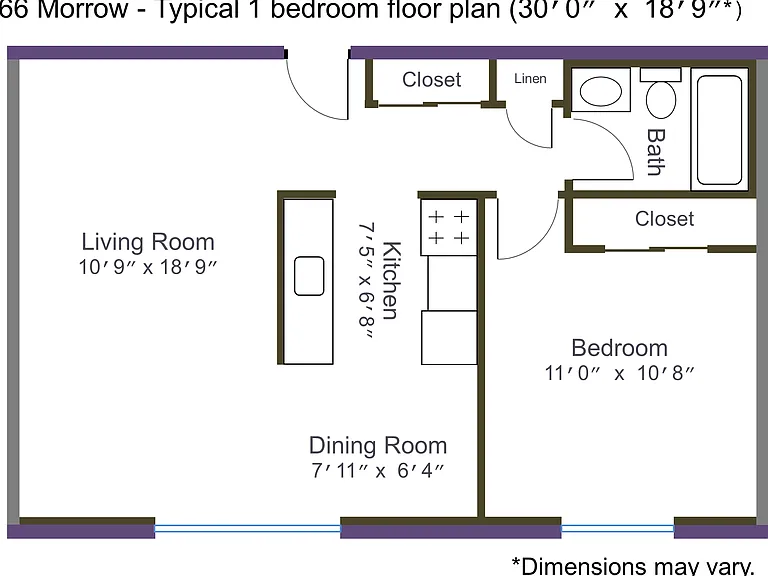 Typical 1 bedroom floor plan for 66 Morrow, dimensions may vary.