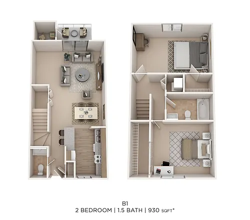 Floor plan Two Bed 1.5 Bath 930 Sqft
