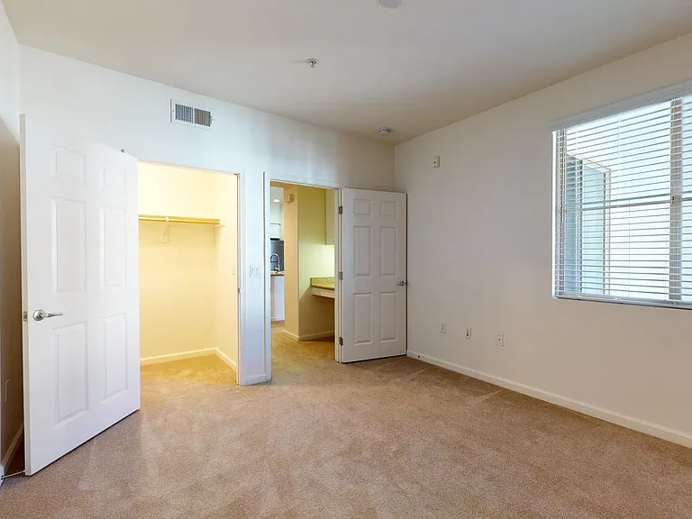 Spacious apartment bedroom with large closet and plush carpet flooring.