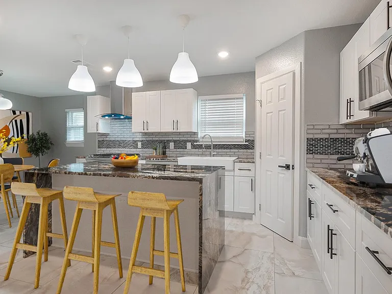 This image shows a virtually furnished space. This space comes unfurnished.