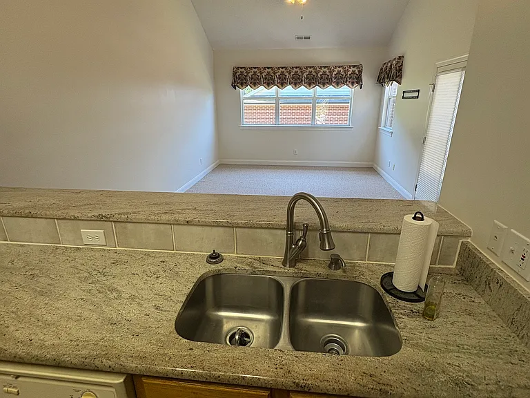 Kitchen counter and bar leading into living room