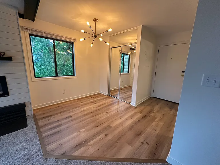Dining room room with modern lighting and adjacent storage closet