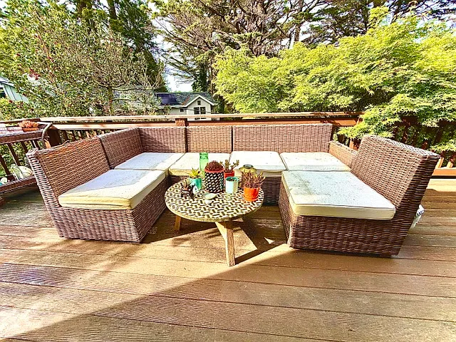 Large deck. This picture is taken from the living room, next to the open kitchen. Deck is being refinished.
