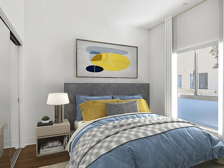 Bedroom with Large-Size Windows, Mirrored Closet, and Vinyl Flooring