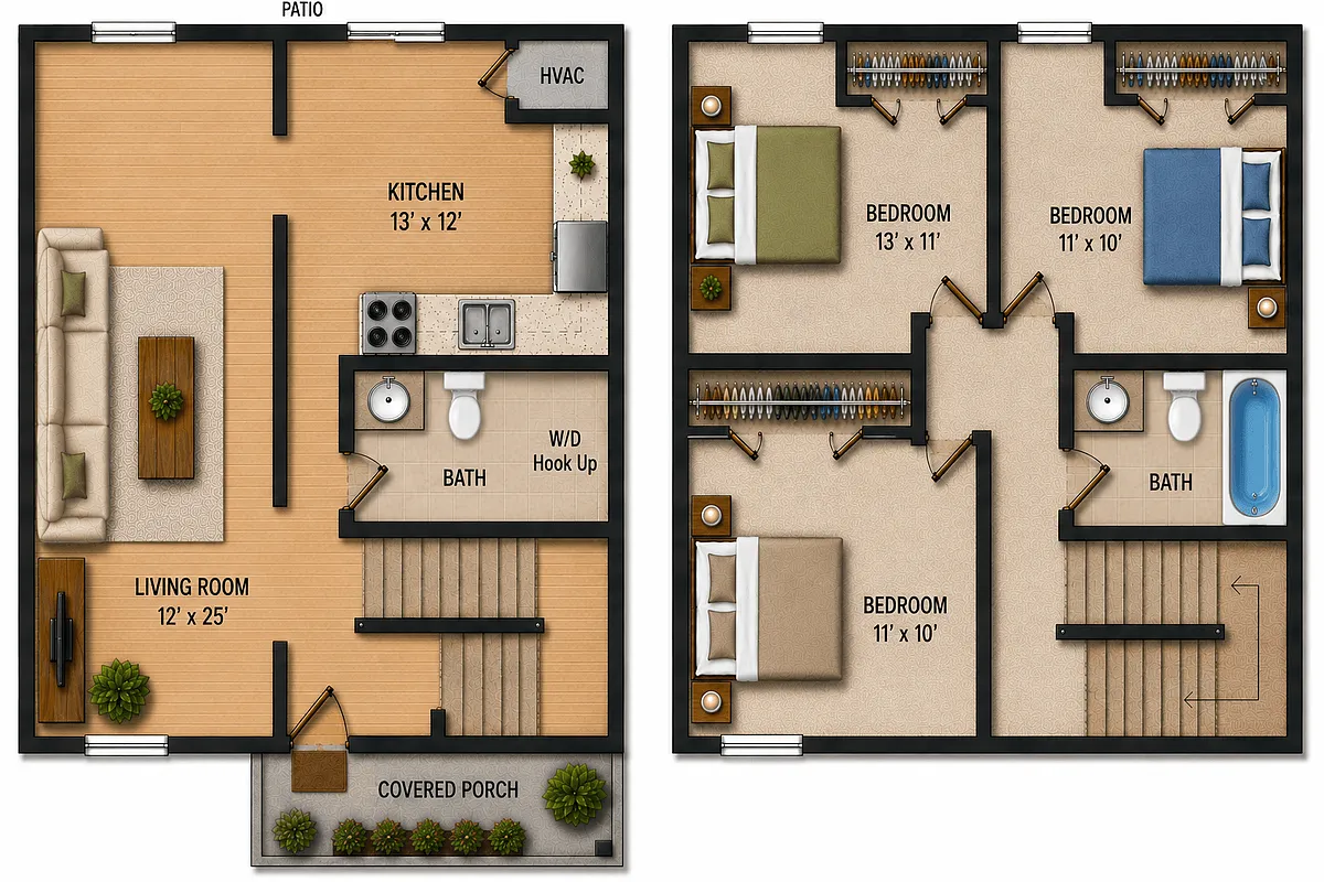 Floor plan Three Bedroom 1.5 Bath Townhome