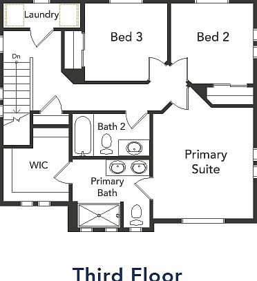 A view of 3rd floor primary and 2 secondary bedrooms, laundry and bathrooms