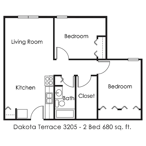 Floor plan 2 Bed 1 Bath | 680 sqft