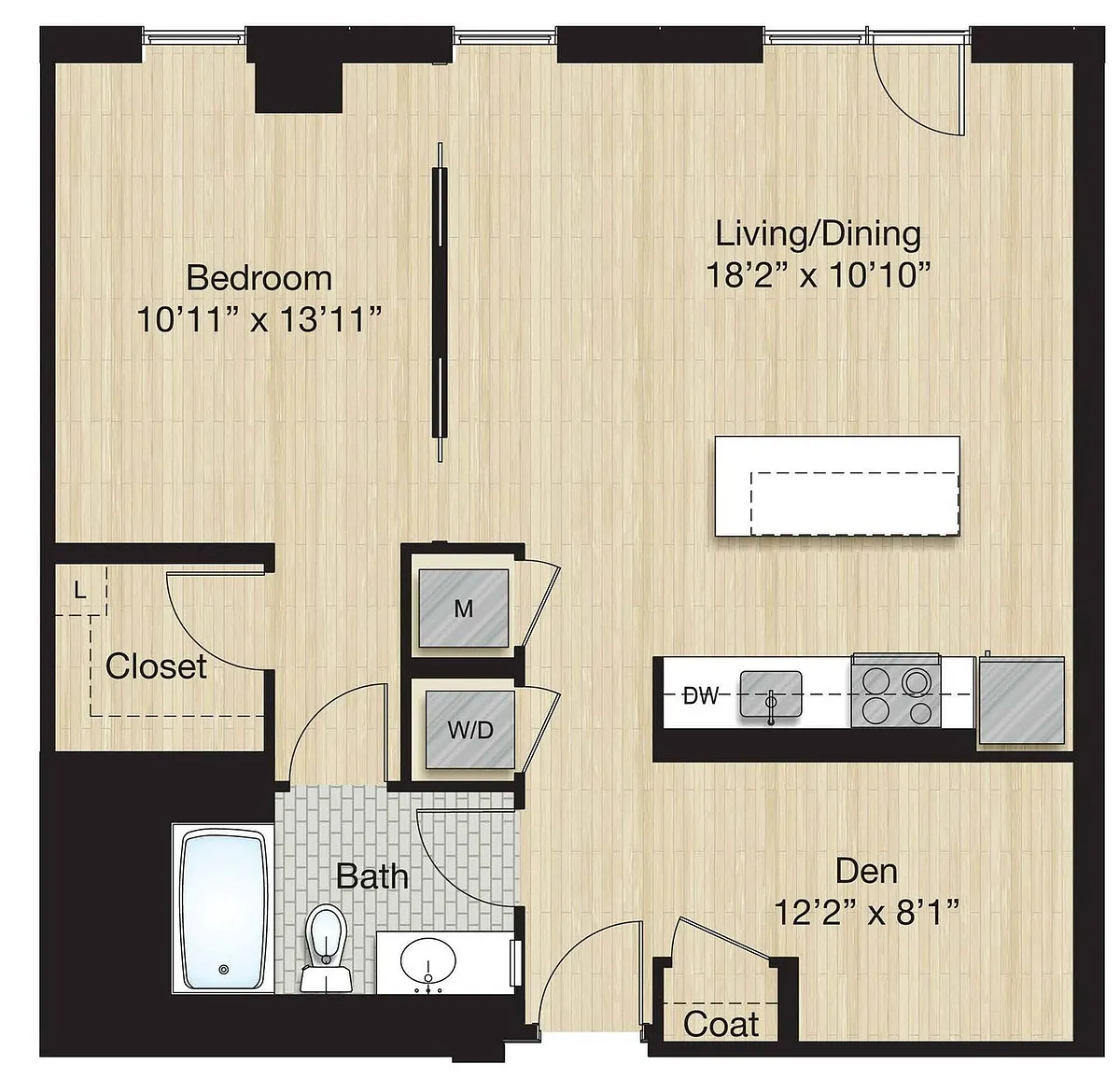 Floor plan Tier 66 - Small 1 Bed/Bath w/ Den