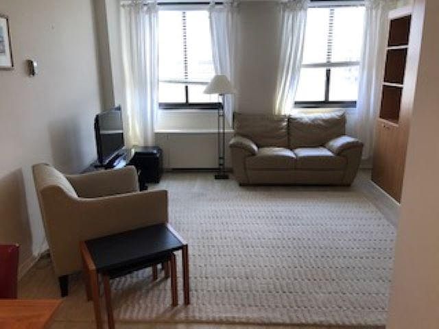 Living area. Leather loveseat, arm chair, and leather side tables.