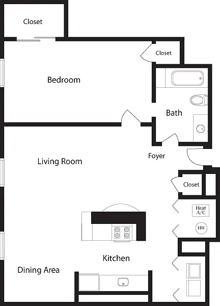Floor plan C-H One Bedroom, One Bathroom
