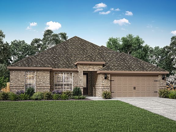 The Leland is a single story home with brick.