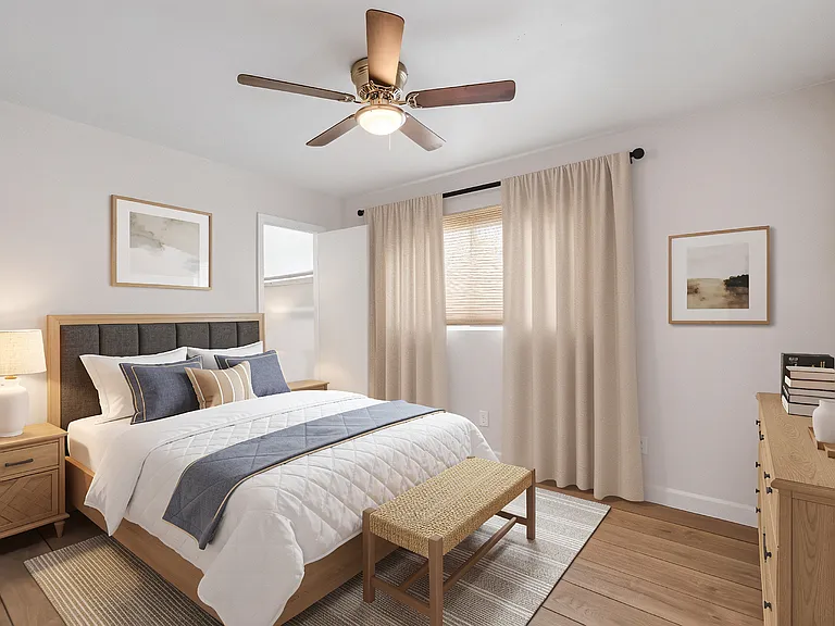 Bedroom 1; window covering includes blinds, no curtains