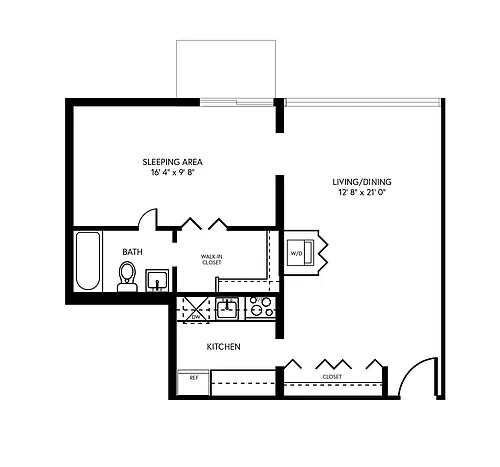 Floor plan Jr. 1 Bedroom, 1 Bath 500 SF 01D