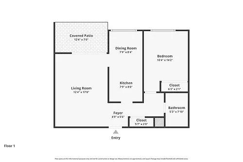 Floor plan 1 Bd - 1 Ba - DOWNSTAIRS with PATIO
