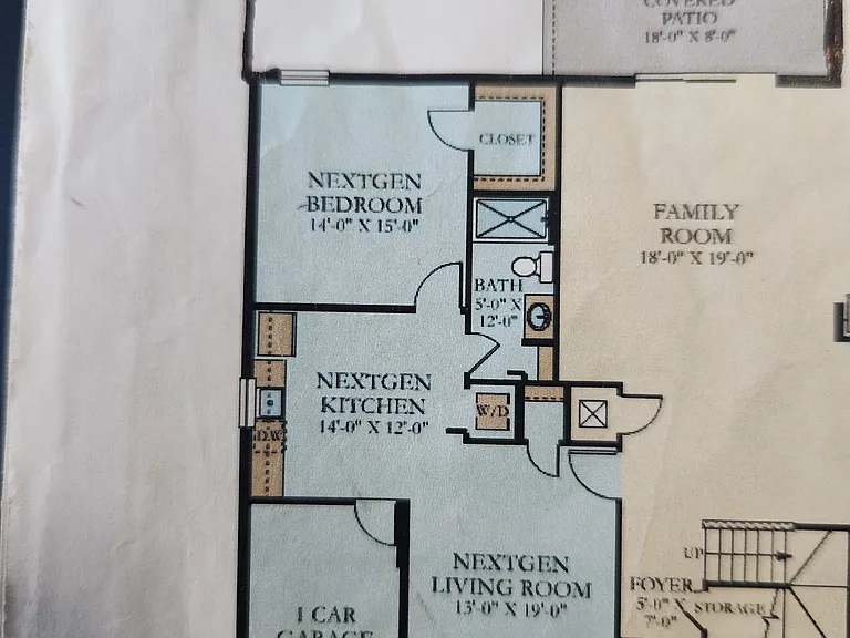 NextGen/MIL Suite Floor Plan: Separate living room + full kitchen + 1BR/1BA + in-unit W/D + private 1-car garage.
