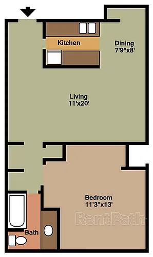 Floor plan 113 - 1 Bdrm, 1 Bath, 3rd Floor