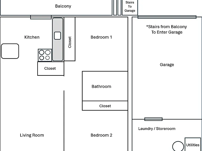 Apartment Layout; note the stairs out the back of the apartment go down to garage / laundry room. Garage is under the apartment like a walk out basement.