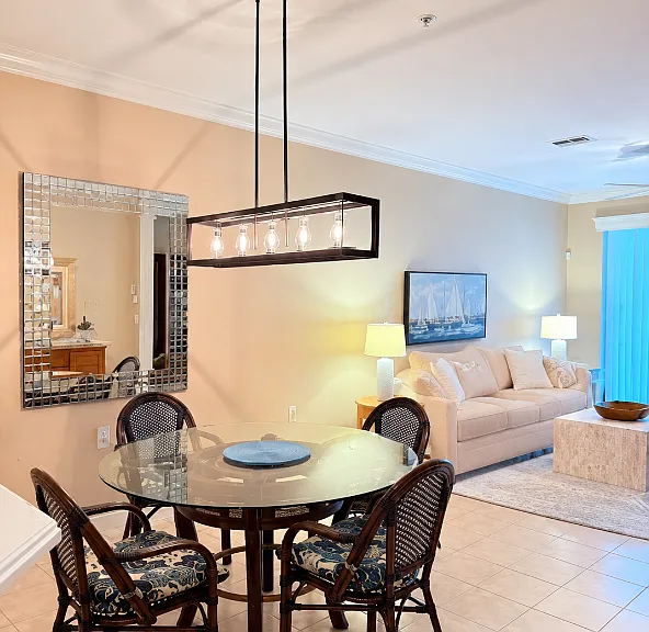Dining table off of kitchen and living area