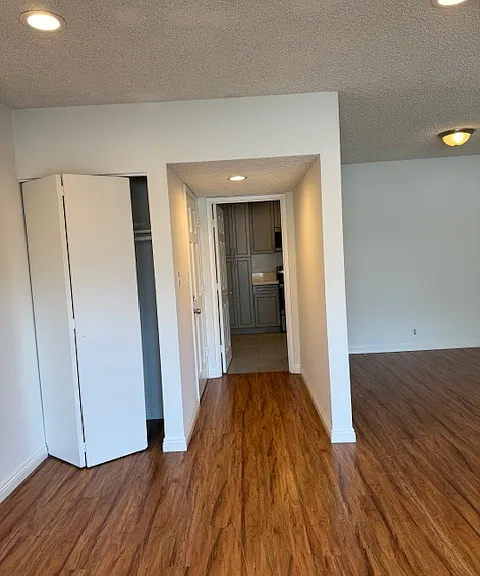 View of entry call that leads into kitchen at end and living room from where photo was taken. Also has a coat/vacuum closet
