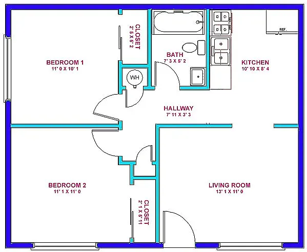 Floor plan 2 Bed-1 Bath Prv Courtyard