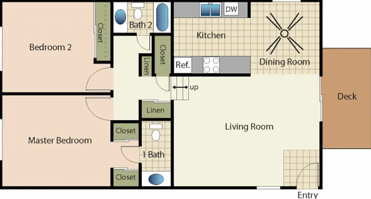 2 Bedrooms 1.5 Baths Floorplan Diagram