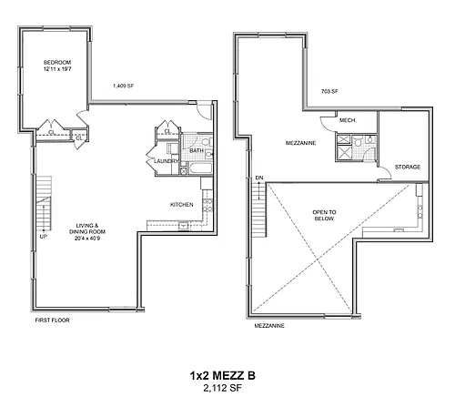 Floor plan 1 Bedroom x 2 Bath MEZZ B