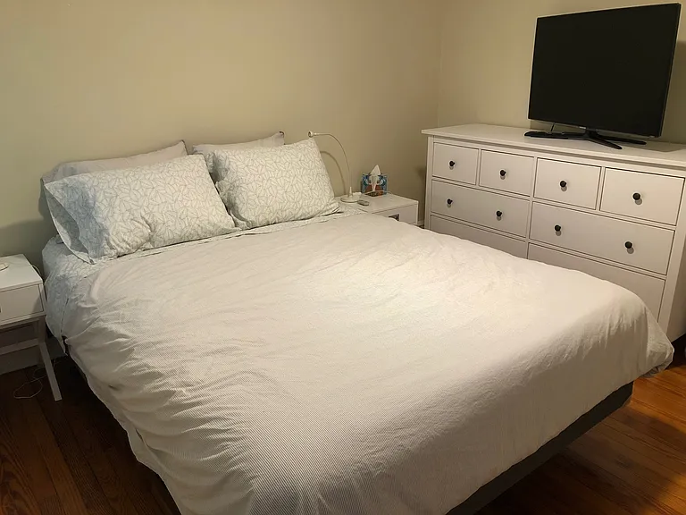 East-facing middle bedroom has queen size bed, 2 bedside tables, large dresser, ceiling fan, closet, 40" smart TV