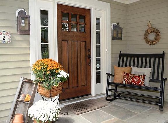 Slate entry porch w custom Mission Oak door
