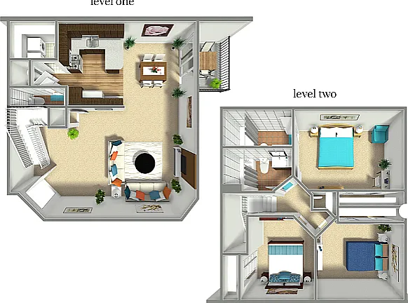 Detailed 3D floor plan showcasing two levels with a modern kitchen, open living area, and three bedrooms. Detailed 3D floor plan showcasing two levels with a modern kitchen, open living area, and three bedrooms.