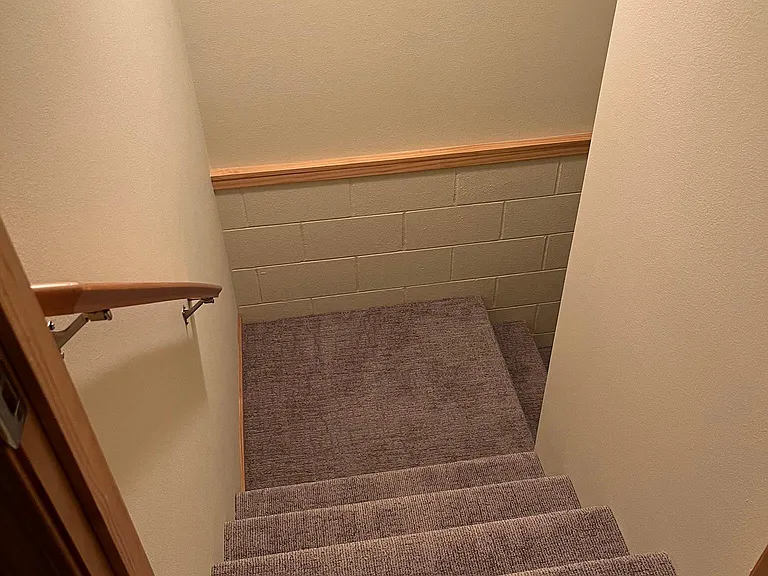 Stairs to the lower level bedroom, full bath, and storage.