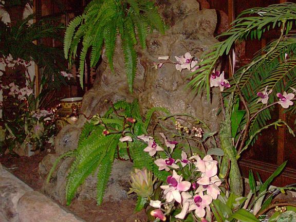 Waterfall in rock planter in entry