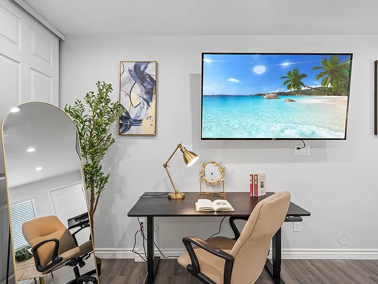 Dedicated work area with strong Wi-Fi and comfortable seating.