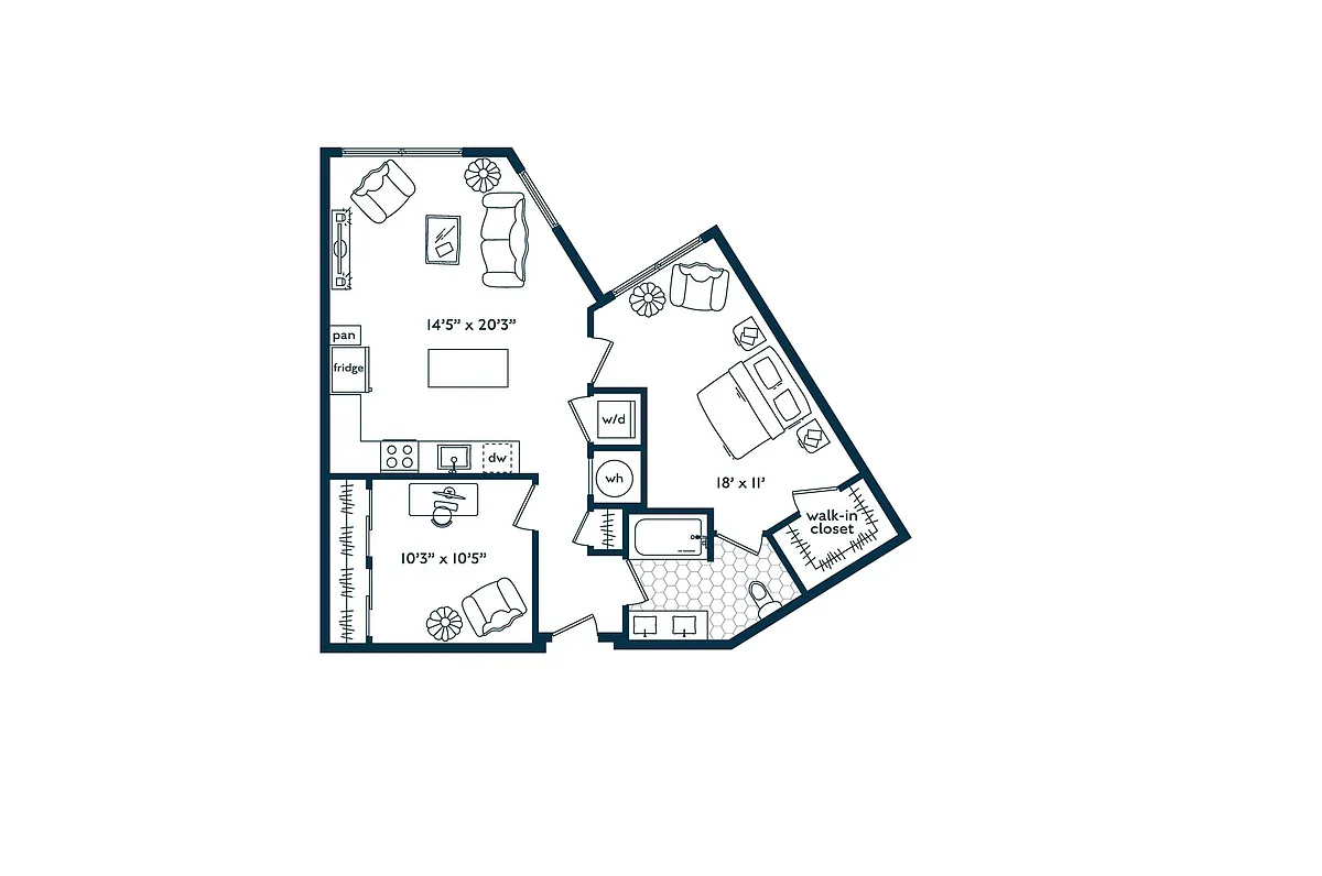 Floor plan One Bedroom One Bath Den (909 SF)