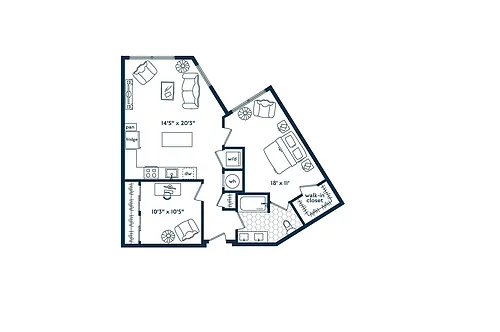 Floor plan One Bedroom One Bath Den (909 SF)