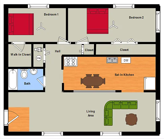 Floor plan 2 Bed, 1 Bath Flat with Eat-In Kitchen