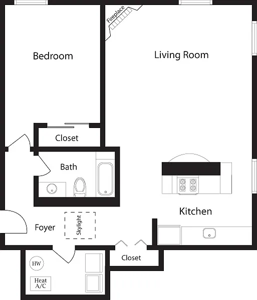 Floor plan AN-J One Bedroom, One Bathroom