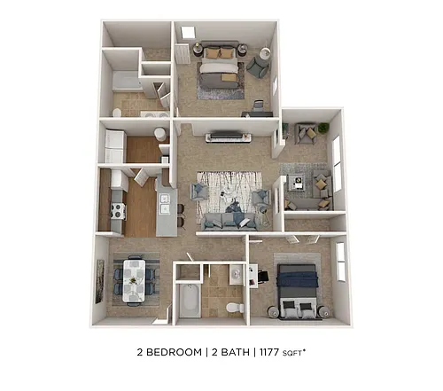 Floor plan Two Bedroom 2 Bath - 1,177 sqft
