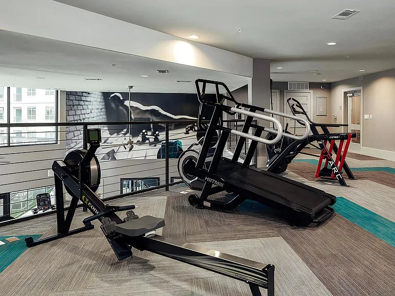 Upper-Level Fitness Space with Rowing Machine, Curved Treadmills, and Plyo Boxes