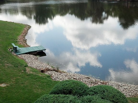 Lake behind building