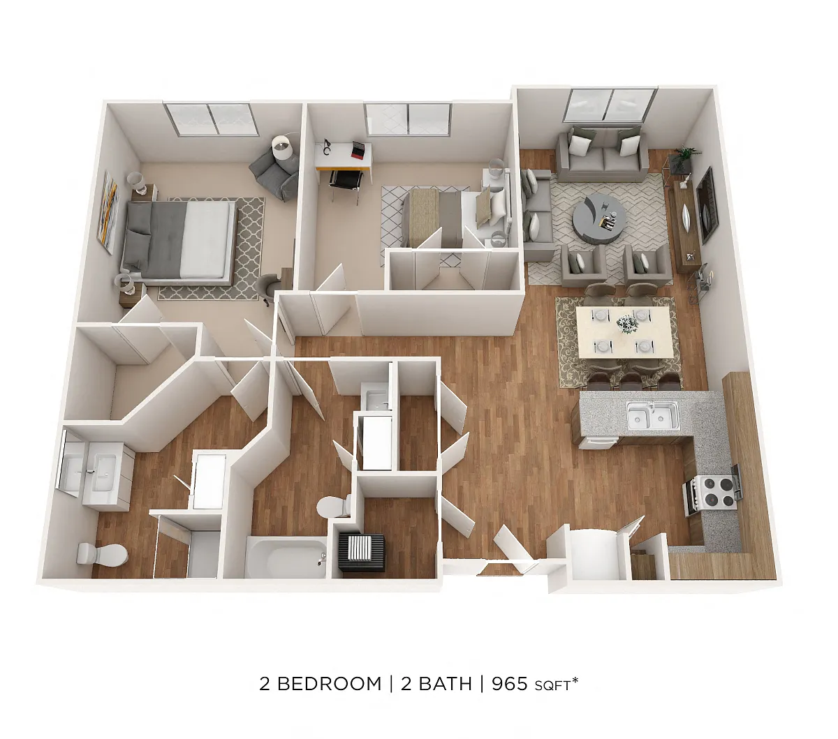 Floor plan Two Bedroom 2 Bath- 965 sqft
