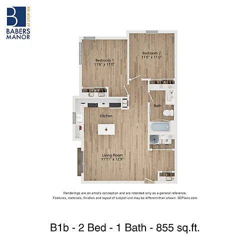 Floor plan B1b | 2 Bed | 1 Bath | LIHTC 80