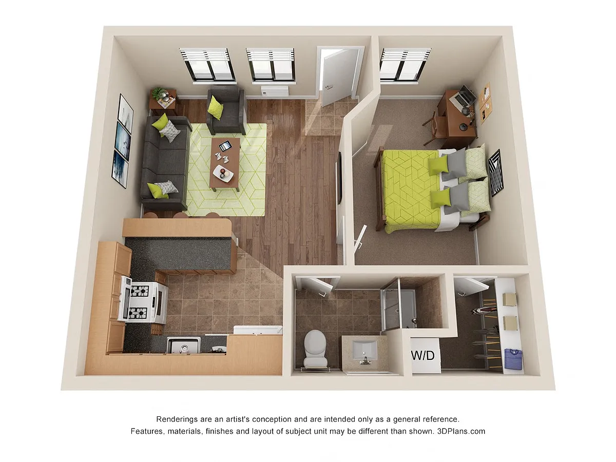Floor plan 1 Bed Top Floor; Pool-Side + Designer Kitchen & AC