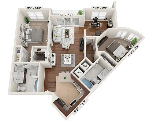 Floor plan Two Bedroom with Den B2B