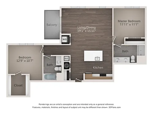 Floor plan Two Bedroom Two Bathroom (1100 SF)