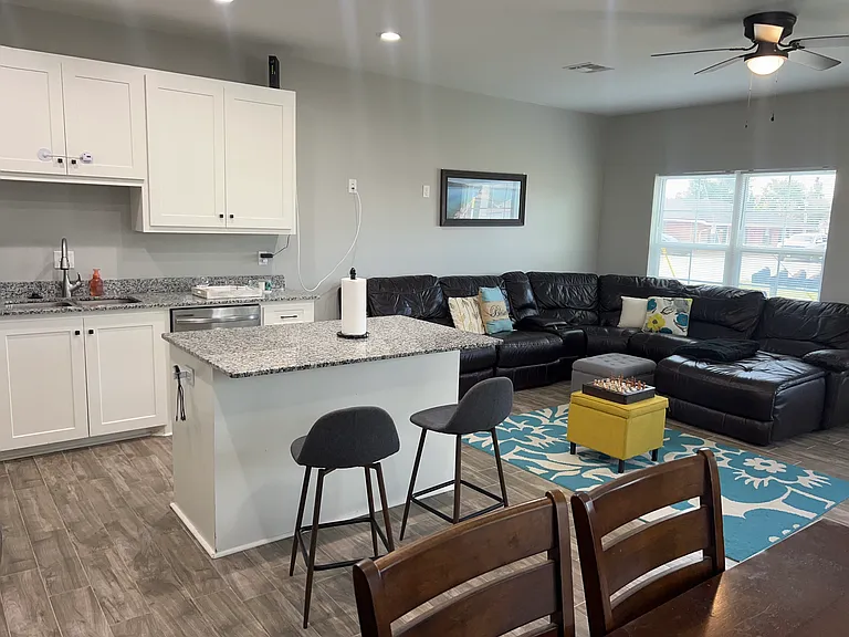 living room and kitchen island