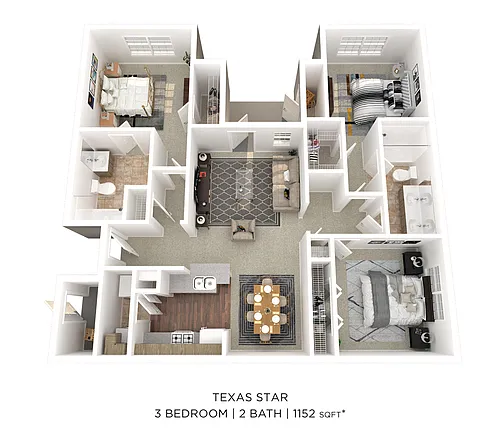 Floor plan Three Bedroom 2 Bath - 1,152 sqft
