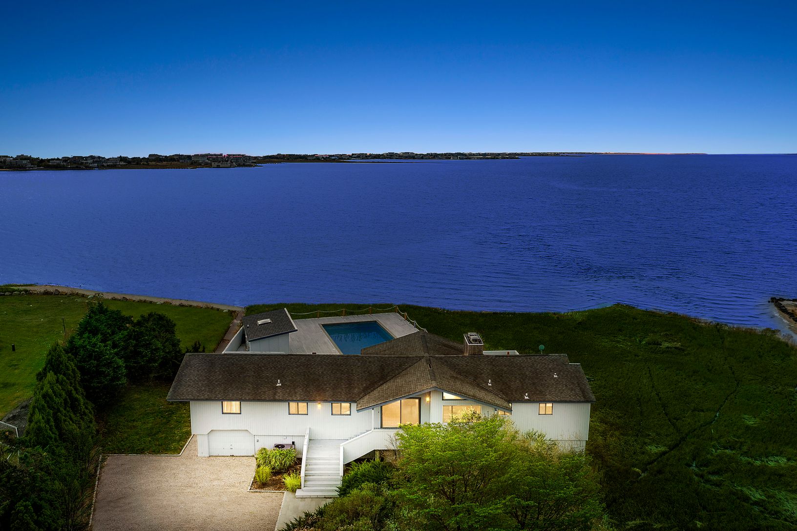  Twilight Aerial View of the Front of the Home