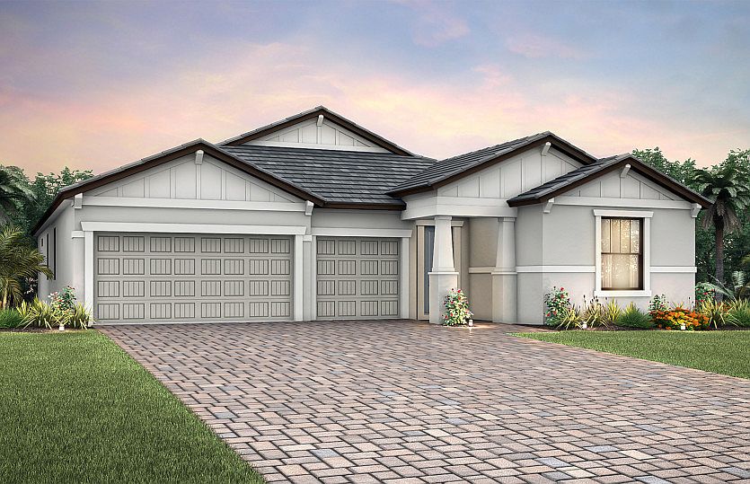 Exterior C2A with tile roof and 3-car garage